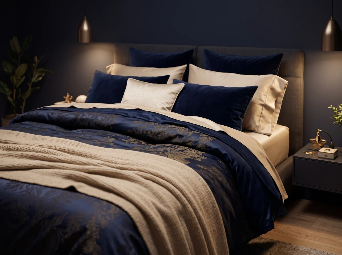Bettensystem Astor: Bett mit dunkelblauer Damastbettwäsche und beigen Akzenten