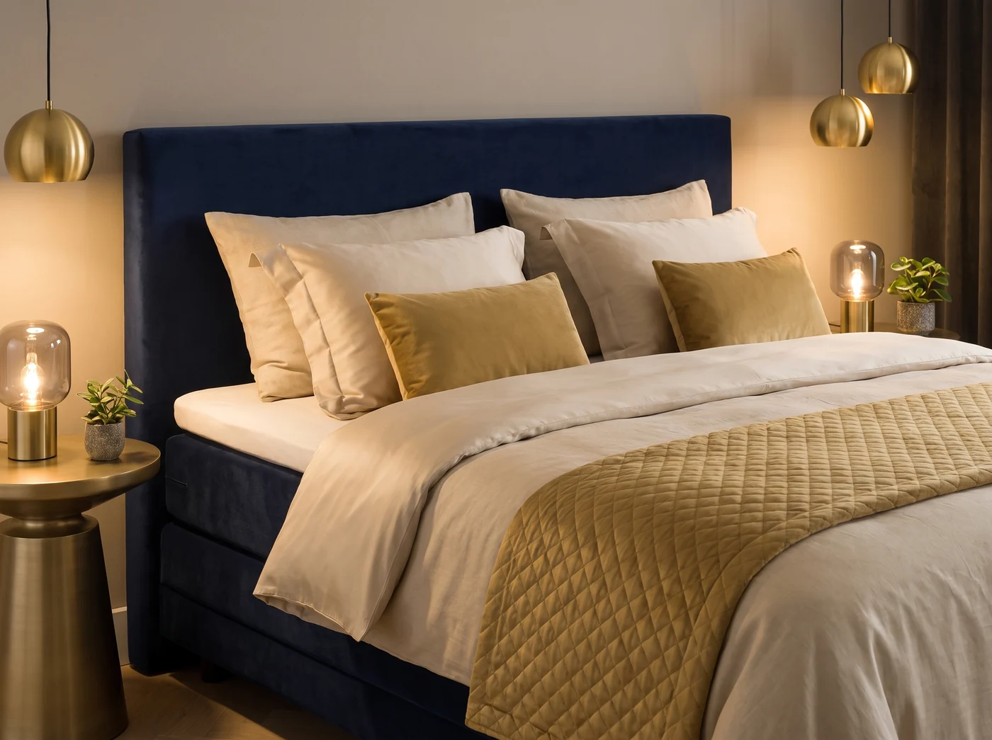 Bettensystem Diplomat: Boxspringbett mit navyfarbenem Kopfteil und goldener Steppdecke
