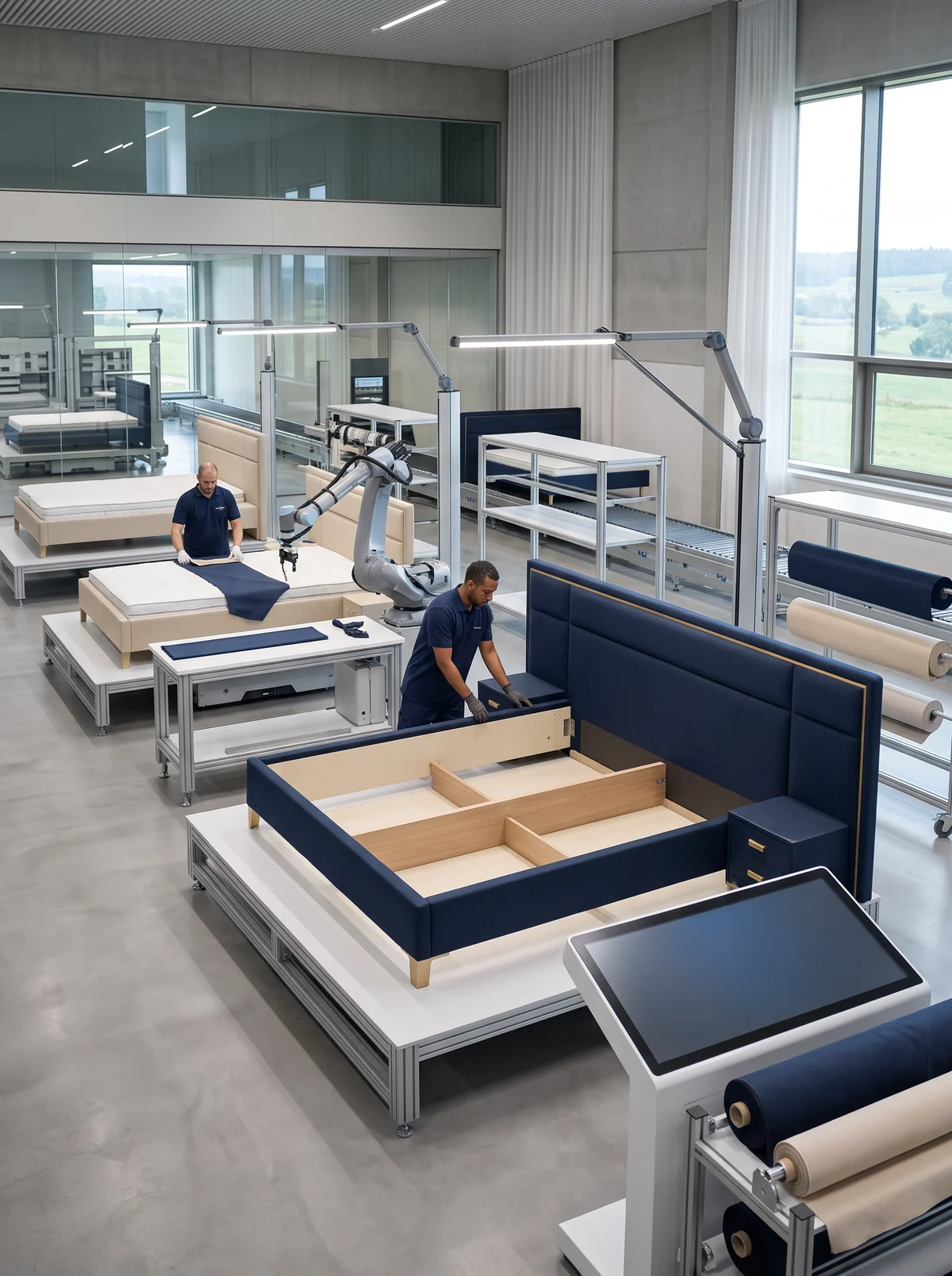 Fertigungshalle: Mitarbeiter montieren ein Boxspringbett mit navyfarbenem Kopfteil