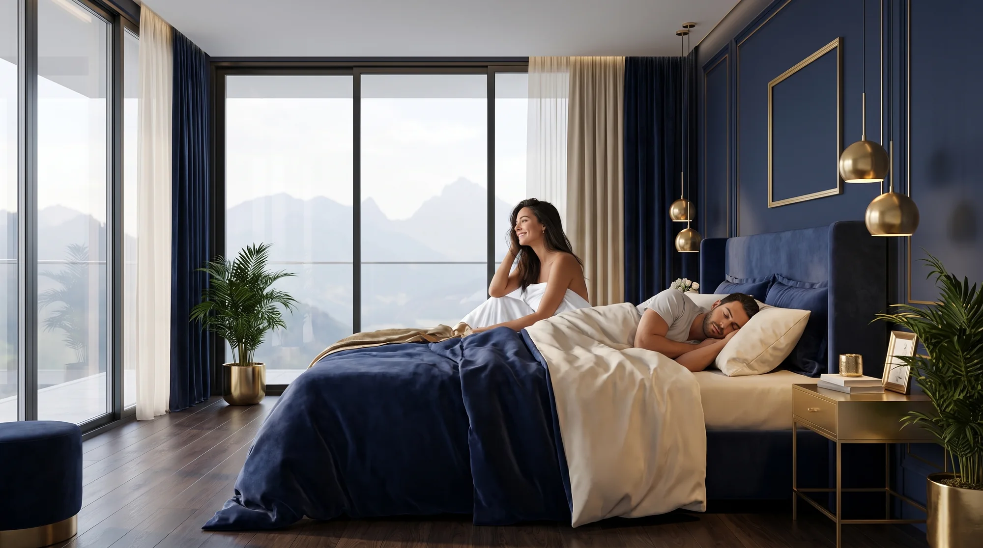 Hotelsuite mit Boxspringbett und Panoramablick in die Berge