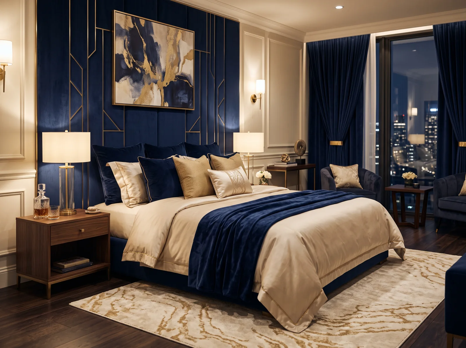 Hotelsuite in Navy und Gold mit Boxspringbett und Nachtblick über die Stadt