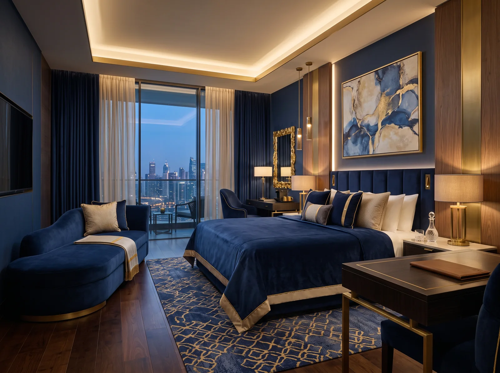 Suite mit Chaiselongue, Sesseln und Blick über die abendliche Skyline