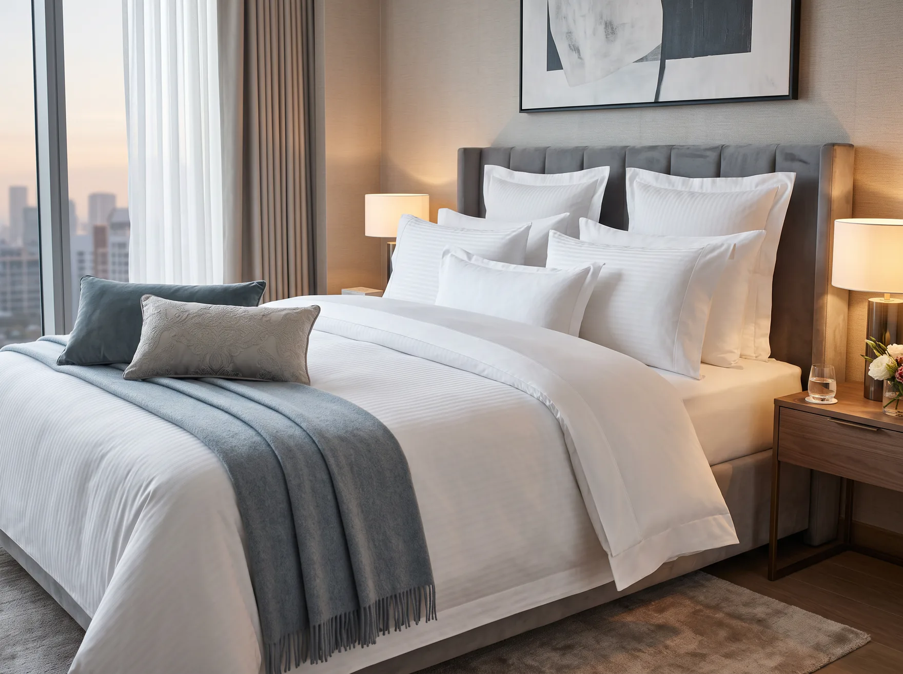 Frisch bezogenes Hotelbett mit weißen Kissen und blauer Tagesdecke