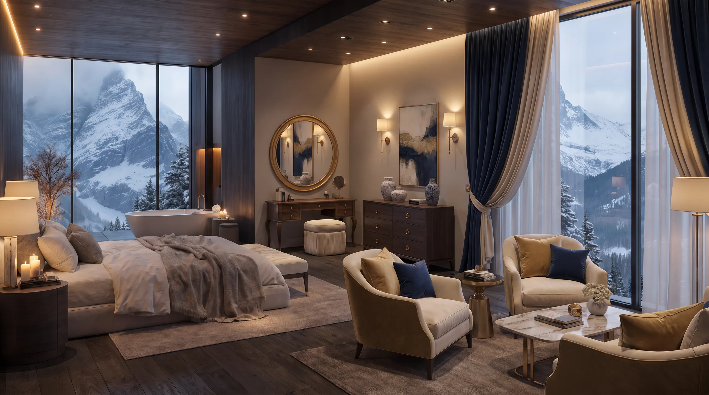 Luxuriöse Hotelsuite mit Bergpanorama in Blau- und Goldtönen