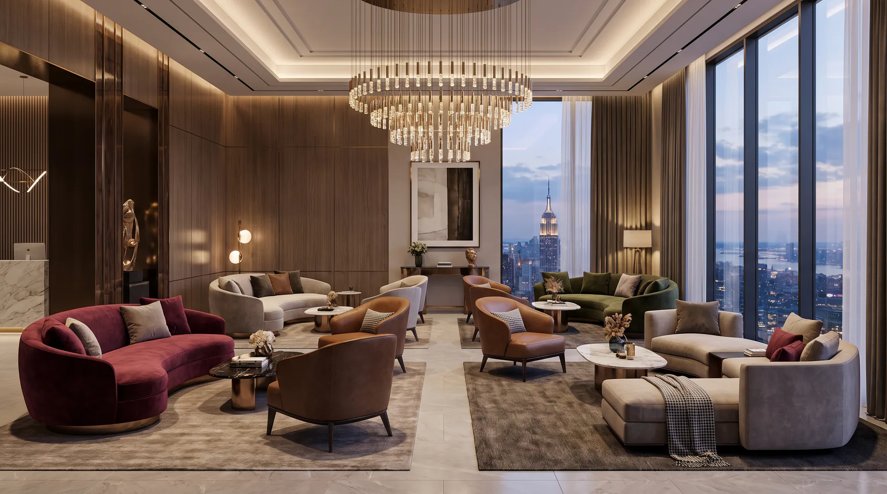 Eleganter Loungebereich mit Sofas, Sesseln und Stadtblick