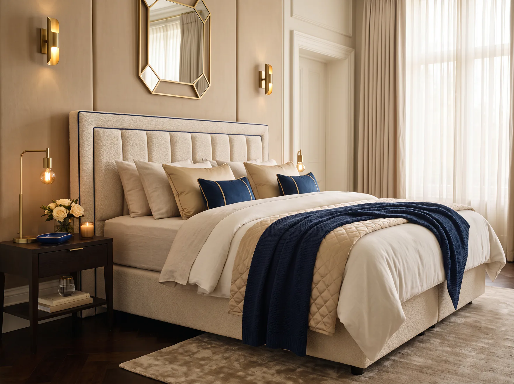 Boxspringbett mit navyblauer Decke in einer hellen Hotelsuite