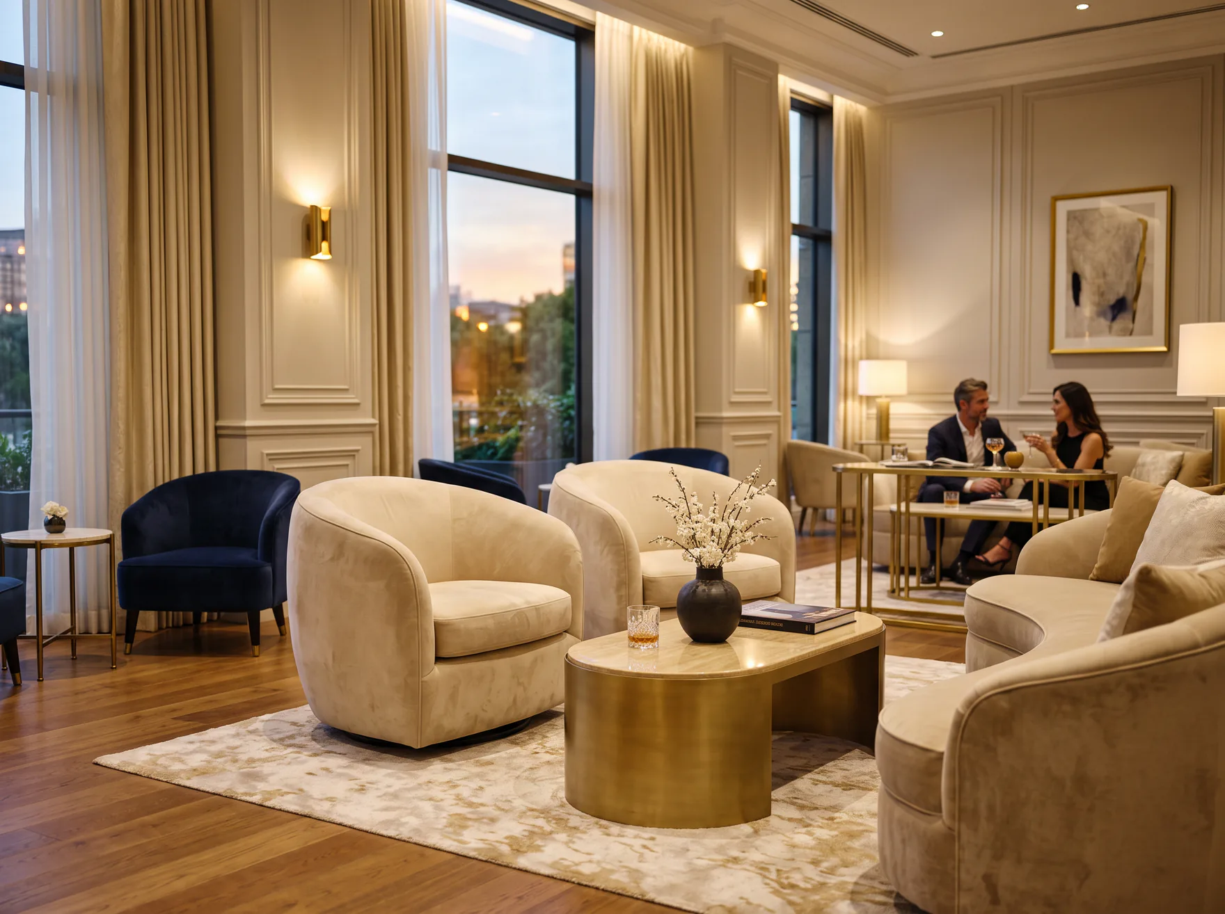 Hochwertig bestuhlter Hotel-Loungebereich in Blau und Beige