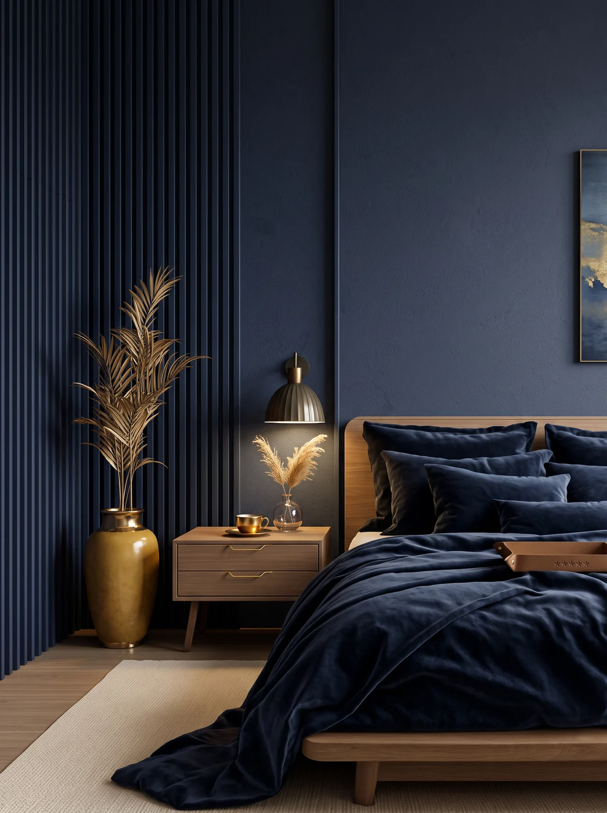 Hotelzimmer in tiefem Navy mit Samtbettwäsche, Lamellenwand und Messingakzenten