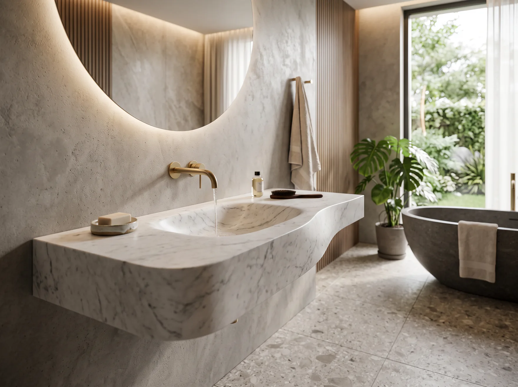 Helles Hotelbad mit schwebendem Marmorwaschtisch und freistehender Badewanne