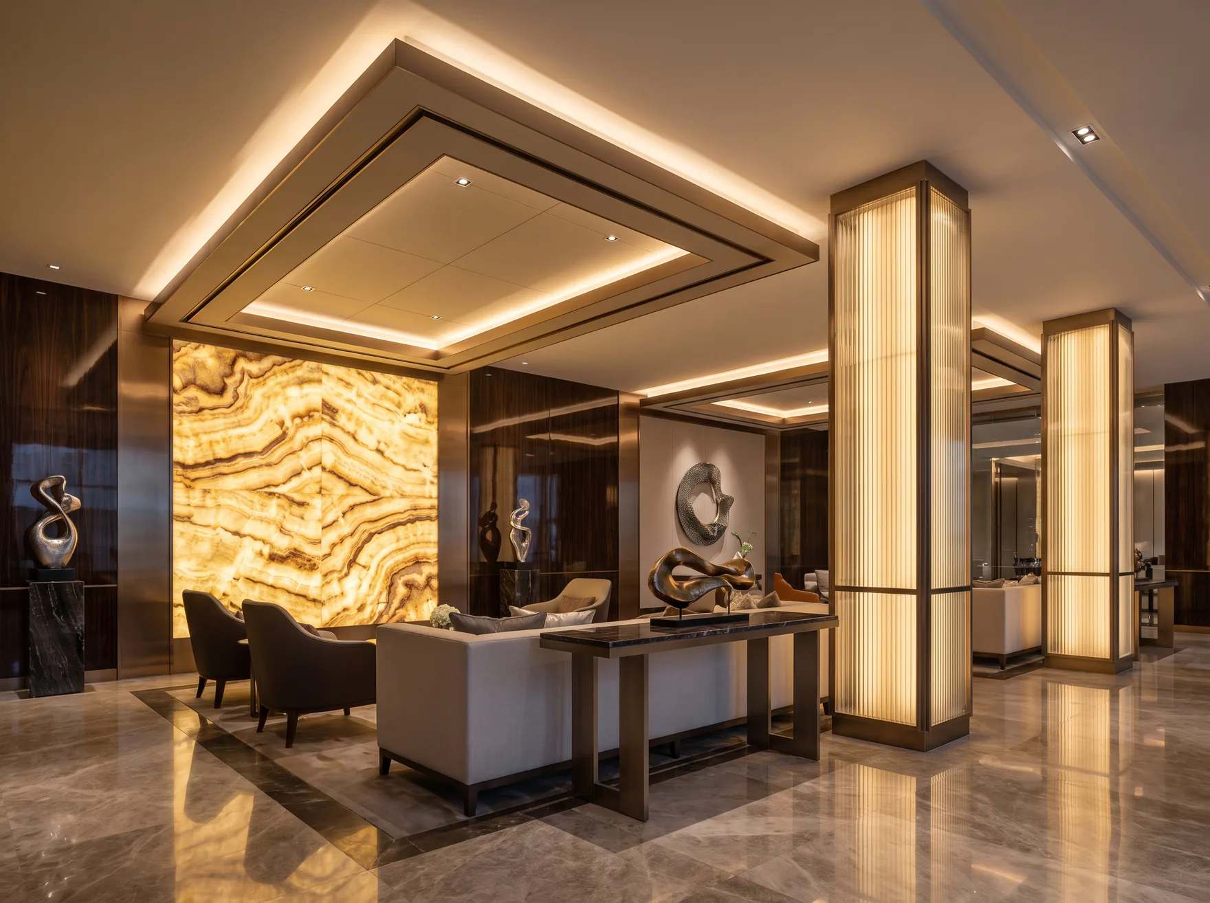 Hotellobby mit hinterleuchteten Wandelementen und leuchtenden Säulen